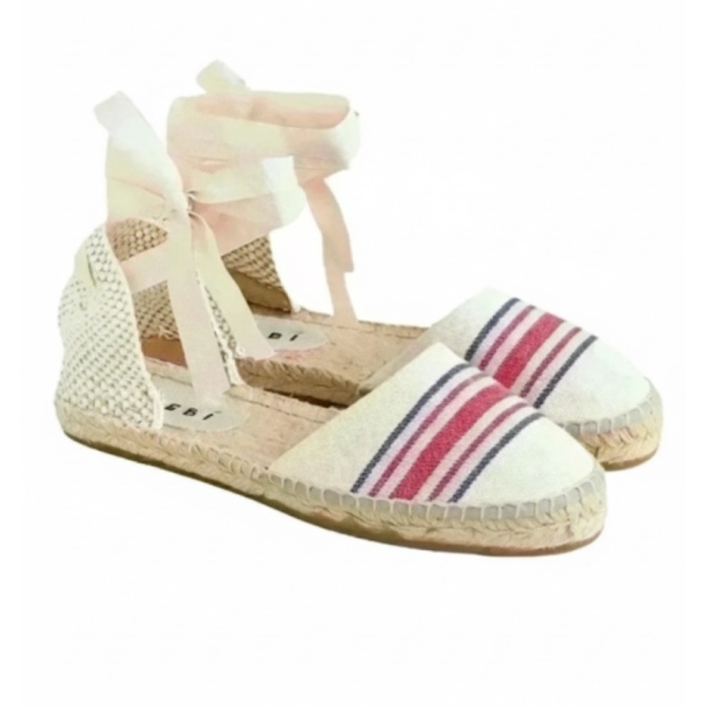 Manebi Hamptons Striped Canvas Espadrilles With Ankle Ties In Tan Size 39/9 NWOT